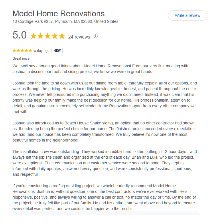 5-star Google review for Model Home Renovations praising quality craftsmanship, communication, and professionalism
