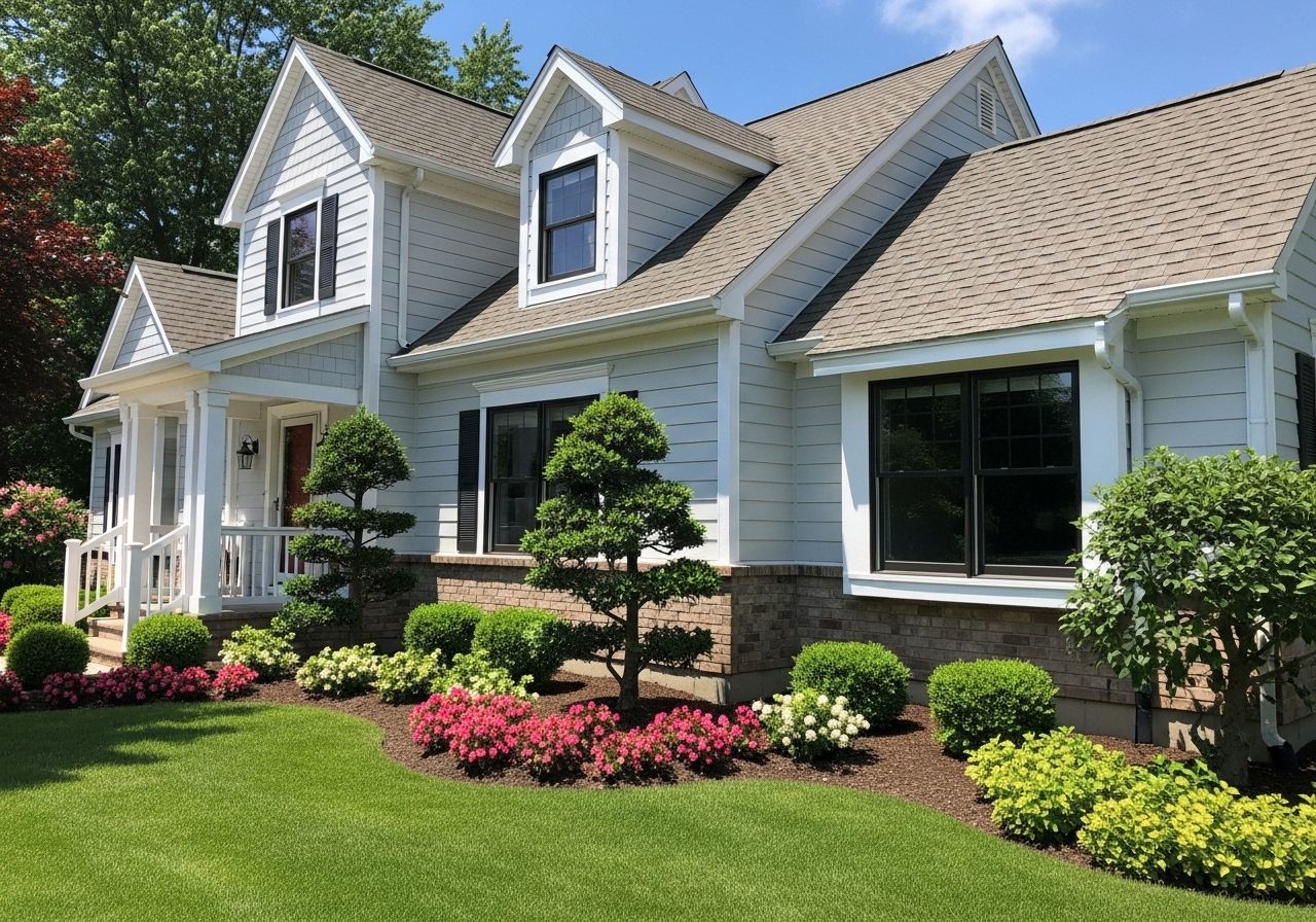 Light gray Cape Cod style home with dormers, black shutters, and landscaped front yard